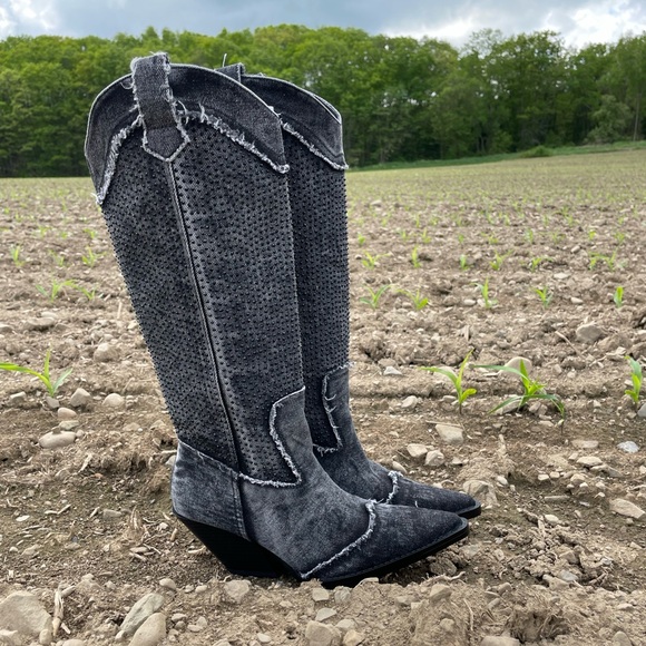 ZARA RHINESTONE DENIM COWBOY BOOTS - Picture 5 of 16